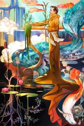 1boy arapaima bird black_eyes black_hair blurry carp catfish cloud clown0248 depth_of_field embryo expressionless facing_away fish flower from_side highres hirasawa_susumu holding horse koi lake lily_pad looking_afar lotus male_focus moss oversized_clothes plant plant_roots real_life robe solo standing standing_on_liquid stream submerged surreal water waterfall wheat wolf