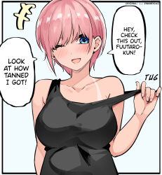Rule 34 | 1girl, bare shoulders, blue eyes, blush, breasts, clothes lift, eyebrows hidden by hair, go-toubun no hanayome, hair between eyes, highres, large breasts, looking at viewer, mame1645, nakano ichika, no hair ornament, one eye closed, open mouth, pink hair, shirt lift, short hair, shy, simple background, sleeveless, smile, sound effects, speech bubble, tan, tank top, tanline, upper body