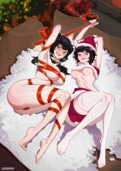 2girls absurdres aierlaobo areola_slip arm_over_head arm_up armpits arms_up ashley_graves barefoot bdsm black_hair blush bondage bound breasts capelet christmas convenient_censoring fang feet fog fur-trimmed_capelet fur-trimmed_skirt fur_trim green_eyes hair_ornament heavy_breathing highres large_breasts long_hair looking_at_viewer lying medium_breasts miniskirt mother_and_daughter multiple_girls naked_ribbon navel nervous_sweating no_bra nude on_back open_mouth oyakodon_(sex) pink_eyes rabbit_hair_ornament renee_graves ribbon shibari short_hair skirt stomach sweat sweatdrop teeth the_coffin_of_andy_and_leyley thighhighs toes tongue upper_teeth_only white_thighhighs