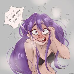black_bra bra crooked_eyewear doki_doki_literature_club drooling glasses glasses_on_head googly_eyes highres hot hot_girl onsen purple_eyes purple_hair shirt speech_bubble surprised underwear underwear_only white_shirt wormygums yuri_(doki_doki_literature_club)