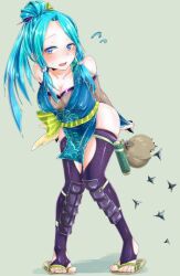 1girl aqua_hair arms_behind_back bare_shoulders blue_eyes blue_hair blush bottle breasts bug caltrops cleavage drunk feet fishnets flying_sweatdrops full_body gloves hair_ornament japanese_clothes kimono large_breasts long_hair looking_at_viewer medium_breasts nail_polish ninja non-web_source open_mouth ponytail sandals short_kimono simple_background small_breasts smile solo standing sweat sweatdrop tail thighhighs toeless_legwear toenail_polish toenails toes uchi_no_hime-sama_ga_ichiban_kawaii vivienne_(uchi_no_hime-sama_ga_ichiban_kawaii) weapon