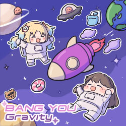 2girls ^_^ alien ao_kaeru bang_you_gravity_(love_live!) blanket blonde_hair blue_hair blush_stickers brown_hair chibi closed_eyes commentary earth_(planet) english_text fang floating flower fujishima_megumi futon gradient_hair hair_flower hair_ornament highres jupiter_(planet) lifebuoy link!_like!_love_live! long_hair love_live! mira-cra_park! multicolored_hair multiple_girls open_mouth osawa_rurino outline parted_bangs pink_flower planet planetary_ring rocket saturn_(planet) skin_fang smile song_name space spacesuit star_(sky) swim_ring twintails two_side_up ufo virtual_youtuber white_flower white_outline