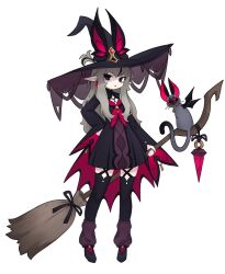 1girl animal_ears bat_ears bat_wings black_dress black_eyes black_hat black_shoes black_thighhighs borrowed_character broom cat commentary dress earrings english_commentary full_body gift_art grey_cat grey_hair hand_on_own_hip hat highres holding holding_broom jewelry long_hair long_pointy_ears long_sleeves looking_at_viewer loose_socks mavie_(justadrian) mole mole_on_thigh mole_under_eye open_mouth original pale_skin pointy_ears shoes sidelocks simple_background socks solo squeaky_(artist) standing thighhighs white_background wide_sleeves winged_cat wings witch witch_hat zettai_ryouiki