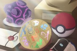 Rule 34 | absurdres, badge, commentary request, dark badge, dragon badge, dynamax band, endorsement (pokemon), envelope, fairy badge (pokemon swsh), fire badge, ghost badge, grass badge, badge (pokemon), highres, ice badge, nintendo, no humans, oyu (iiyudanapopopon), poke ball, poke ball (basic), pokemon, pokemon swsh, still life, water badge, wax stamp, wishing star (pokemon)