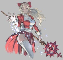 1girl arm_at_side ass back_bow bare_hips blonde_hair bow breasts collared_dress commentary cropped_legs cross cross_of_prontera dot_nose double-parted_bangs drawpile_(medium) dress english_commentary epaulettes fantasy floating_hair frilled_thighhighs frills garter_straps gold_trim grey_background grin hair_between_eyes hair_bow hair_flaps hand_up high_collar high_priest_(ragnarok_online) holding holding_staff impossible_clothes juliet_sleeves lace lace-trimmed_thighhighs lace_trim large_bow large_breasts long_dress long_eyelashes long_hair long_legs long_sleeves looking_at_viewer looking_to_the_side mage_staff magic open_hand outstretched_arm pelvic_curtain puffy_sleeves ragnarok_online raised_eyebrows red_bow red_dress sash side_slit sidelocks simple_background sketch smile solo staff teeth thick_eyelashes thighhighs thighs tight_clothes tight_dress two-tone_dress vertigris waist_sash walking wavy_hair white_bow white_dress white_garter_straps white_sash white_sleeve_cuffs white_thighhighs wide_hips