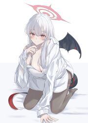1girl absurdres black_pantyhose blue_archive breasts cleavage closed_mouth collarbone commentary demon_girl demon_tail demon_wings full_body halo hand_up haruna_(blue_archive) highres kneeling large_breasts long_hair long_sleeves looking_at_viewer pantyhose red_halo shirt simple_background single_off_shoulder smile solo tail toorisugari_no_dechikou white_background white_hair white_shirt wings
