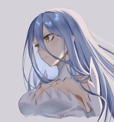 1girl azura_(fire_emblem) blue_hair breasts brown_eyes choker cleavage closed_mouth collarbone cropped_torso detached_collar fire_emblem fire_emblem_fates frown grey_background hair_between_eyes highres karashino long_hair nintendo simple_background small_breasts solo straight_hair twitter_username upper_body very_long_hair white_choker