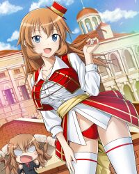 2girls angry black_jacket blue_eyes blue_sky brown_hair charlotte_e._yeager cloud cloudy_sky dress fernandia_malvezzi italian_clothes jacket long_hair military multiple_girls non-web_source open_mouth orange_hair outdoors panties red_panties red_shirt shirt short_hair sky standing strike_witches strike_witches:_kurenai_no_majo-tachi underwear world_witches_series