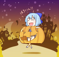 1girl :d ^_^ bat_(animal) blue_hair blush bow castle chibi cirno closed_eyes crescent_moon cross dusk female_focus ghost gohei grave gustav_(telomere_na) hair_bow hakurei_reimu halloween hat jack-o&#039;-lantern kirisame_marisa large_bow moon open_mouth panties pumpkin pumpkin_costume shide silhouette smile solo striped_clothes striped_panties touhou underwear witch_hat