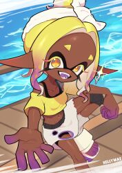 1girl absurdres artist_name black_shorts blonde_hair bra_strap breasts collarbone colored_extremities colored_eyelashes colored_tongue commentary_request crop_top cross-shaped_pupils dark-skinned_female dark_skin earrings forehead frye_(splatoon) frye_(splatoon_raiders) glint gradient_hair hair_bun hairband highres inkling jewelry kellymae knee_pads long_eyelashes long_pointy_ears looking_at_viewer medium_hair midriff multicolored_hair navel nintendo off-shoulder_shirt off_shoulder official_alternate_costume official_alternate_hairstyle open_mouth outstretched_arm parted_bangs pointy_ears purple_hair purple_tongue reaching reaching_towards_viewer sandals shirt short_sleeves shorts shorts_under_skirt single_hair_bun single_knee_pad skirt small_breasts smile socks solo splatoon_(series) splatoon_raiders symbol-shaped_pupils tentacle_hair toeless_socks torn_clothes torn_skirt white_hairband white_sandals white_skirt white_socks yellow_eyes yellow_shirt