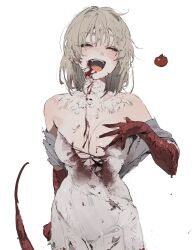 1girl bare_shoulders blood blood_on_clothes blood_on_face blush breasts cleavage closed_eyes colored_skin dress dungeon_meshi facing_viewer falin_touden falin_touden_(chimera) fangs grey_hair hair_between_eyes hand_on_own_chest highres large_breasts le_(szs0k) medium_hair open_mouth red_skin simple_background solo tail teeth torn_clothes torn_dress upper_teeth_only white_background white_dress