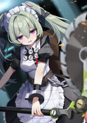 1girl apron blurry circular_saw commentary corin_wickes depth_of_field green_hair hair_between_eyes hair_intakes highres ikazu401 looking_at_viewer maid maid_apron maid_headdress puffy_short_sleeves puffy_sleeves purple_eyes saw screw_hair_ornament short_sleeves solo spiked_headband twintails white_apron white_headdress zenless_zone_zero