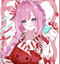 1girl alternate_costume blue_eyes breasts commentary_request dress elf elysia_(honkai_impact) food heart highres holding holding_food holding_ice_cream honkai_(series) honkai_impact_3rd ice_cream large_breasts licking_lips long_braid long_hair looking_at_viewer pink_hair pointy_ears red_dress solo tdatnst tongue tongue_out upper_body