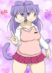 absurdres agent_orange animal_ears cat_ears cat_girl conjoined extra_breasts highres multiple_girls multiple_heads multiple_tails panties pantyshot pink_shirt purple_eyes purple_hair shirt smile tail thighhighs three_breasts underwear zettai_ryouiki