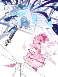 2girls armlet bad_id bad_twitter_id bare_legs bare_shoulders belt belt_buckle blood blue_belt blue_blood blue_boots blue_eyes blue_hair blue_shirt blue_skirt blue_sleeves boots bow bow_choker bubble_skirt buckle buttons cape center_frills chocofish choker closed_eyes commentary covering_own_mouth crack cross-laced_shoes darkness detached_sleeves detached_wings dissolving dress dripping energy_wings expressionless floating floating_cape floating_clothes floating_hair footwear_bow frilled_dress frilled_shirt frilled_skirt frilled_sleeves frills full_body gem gloves gold_buckle hair_bow hashtag-only_commentary high_heel_boots high_heels highres holding holding_sword holding_weapon impaled instagram_username interlocked_fingers jewelry kaname_madoka kneeling leaning_back light_particles long_sleeves looking_at_another magical_girl mahou_shoujo_madoka_magica mahou_shoujo_madoka_magica_(anime) miki_sayaka miniskirt multiple_girls no_socks outstretched_leg own_hands_together pink_bow pink_choker pink_dress pink_gemstone pink_hair pink_shoes pink_wings pleated_skirt puffy_short_sleeves puffy_sleeves pumps shirt shoes short_dress short_hair short_sleeves short_twintails skirt skirt_under_dress soul_gem sparkle strapless strapless_shirt sword tareme thigh_belt thigh_strap thighhighs twintails twitter_username two-tone_shirt upside-down watermark weapon white_background white_cape white_gloves white_shirt white_skirt white_thighhighs wings