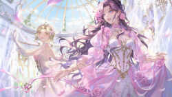 2girls absurdres blonde_hair blue_eyes bow bow_choker bracelet braid braided_bun choker cloud curtains day dome dress dress_flower earrings elbow_gloves eye_contact falling_petals floating_earring floral_print flower flower_earrings gloves gold_trim gown green_eyes hair_bow hair_bun hair_flower hair_ornament hand_up highres indoors jewelry kongzao laurel_crown life_makeover long_hair looking_at_another looking_back looking_to_the_side multiple_girls nail_polish necklace parted_bangs parted_lips pearl_necklace petals pink_bow pink_choker pink_dress pink_flower pink_lips pink_nails pink_ribbon pink_rose plant puffy_sleeves purple_hair ribbon rose sidelocks single_hair_bun skirt_hold skylight three-quarter_sleeves smile standing strapless strapless_dress tiara see-through_curtains two-tone_dress vines wavy_hair white_dress white_gloves window