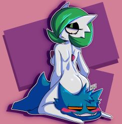 1boy 1girl ass black_eyeshadow blush bob_cut breasts colored_skin completely_nude eyeshadow gardevoir gen_1_pokemon gen_3_pokemon gengar ghost green_hair hair_over_one_eye highres hirogearguy makeup nintendo nude pokemon pokemon_(creature) signature simple_background sitting sitting_on_person white_skin
