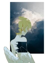 Rule 34 | 1boy, absurdres, blonde hair, blue sky, border, convenient censoring, feathered wings, hair over eyes, halo, highres, limbus company, low wings, no shirt, nude, outside border, project moon, revealing layer, sidelocks, sinclair (project moon), sky, white border, white wings, widosya, wings
