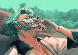 1boy adam&#039;s_apple arm_up arrancar bleach blue_hair cigarette closed_eyes closed_mouth commentary grimmjow_jaegerjaquez highres lying male_focus moonymiw on_back robe short_hair smoking solo twitter_username upper_body white_robe