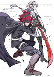 1boy 1girl absurdres black_boots black_cape black_jacket boots braid cape closed_mouth colored_skin gloves grey_hair gun haruyuki_(gffewuoutgblubh) headphones highres holding holding_gun holding_sword holding_weapon jacket katana kirifuji_nozomi last_defense_academy_school_uniform long_hair multicolored_hair pleated_skirt purple_eyes red_hair school_uniform simple_background single_braid skirt streaked_hair sumino_takumi sword the_hundred_line_-last_defense_academy- weapon white_background white_gloves white_skin