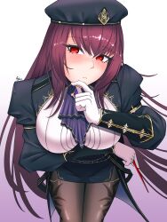 Rule 34 | 1girl, absurdres, arm under breasts, artist name, black dress, black pantyhose, breasts, cheocolate, closed mouth, dress, eyebrows hidden by hair, eyelashes through hair, fate/grand order, fate (series), gloves, hand on own chin, highres, large breasts, long hair, looking at viewer, military uniform, neckerchief, official alternate costume, pantyhose, puffy sleeves, purple hair, purple neckerchief, red eyes, scathach (fate), scathach (fgo fes. 2025) (fate), signature, solo, standing, thighs, very long hair, white background, white gloves