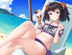 1girl = beach bracelet chair commission dessert hair_flower food hair_ornament highres igni_tion jewelry mole mole_under_eye nail_polish parfait purple_eyes purple_hair red_nails sitting smile solo spoon sunset swimsuit symonne_(tales) tales_of_(series) tales_of_zestiria toenail_polish toenails twintails water