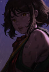 0homi 1girl absurdres armpit_crease brown_eyes brown_hair cathy_portillo commentary crying english_commentary highres open_mouth portrait rain scar scar_on_arm scar_on_face scar_on_nose solo streaming_tears tears until_then