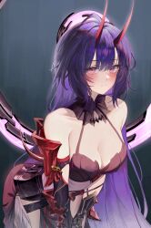 Rule 34 | 1girl, absurdres, bare shoulders, black collar, blush, breasts, cleavage, closed mouth, collar, commentary, english commentary, gauntlets, halo, halterneck, highres, honkai (series), honkai impact 3rd, horns, jinnnnnn23, leaning forward, long hair, looking at viewer, medium breasts, purple eyes, purple hair, raiden mei, raiden mei (herrscher of thunder), red horns, solo, very long hair