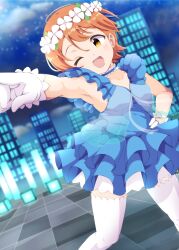 1girl absurdres armpits blue_dress city dancing dress floating_hair flower frilled_dress frills gloves hand_on_own_hip head_wreath highres hoshizora_rin looking_to_the_side love_live! love_live!_school_idol_project night on_rooftop one_eye_closed open_mouth orange_hair outdoors outstretched_arm pointing rooftop sen_(sen0910) short_hair sleeveless sleeveless_dress smile solo standing teeth thighhighs upper_teeth_only white_flower white_gloves white_thighhighs yellow_eyes yume_no_tobira