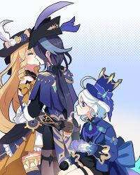 Rule 34 | 3girls, absurdres, ahoge, black hair, blonde hair, blue eyes, blue hair, bottle, capelet, clorinde (genshin impact), closed eyes, drill hair, drill sidelocks, drink, drinking, drinking straw, drinking straw in mouth, drop-shaped pupils, eyebrows hidden by hair, face-to-face, facing another, food, furina (genshin impact), furrowed brow, genshin impact, gloves, hat, hat feather, highres, holding, holding bottle, holding drink, holding food, jacket, julydelic, kiss, long hair, long sleeves, looking at object, low ponytail, meme, multicolored hair, multiple girls, navia (genshin impact), otp and the third wheel best friend (meme), pantyhose, ponytail, shorts, sidelocks, sitting, skirt, standing, symbol-shaped pupils, top hat, tricorne, two-tone hair, very long hair, white hair, yuri