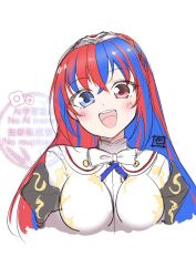1girl blue_eyes blue_hair breasts crossed_bangs female_alear_(fire_emblem) fire_emblem fire_emblem_engage heterochromia highres long_hair looking_at_viewer medium_breasts multicolored_hair nintendo open_mouth red_eyes red_hair smile solo split-color_hair teeth tiara two-tone_hair upper_teeth_only zero-theme