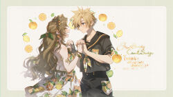 1boy 1girl aerith_gainsborough aerith_gainsborough_(citric_dress) armlet black_sailor_collar black_shirt blonde_hair blue_eyes blush border bracelet breasts brown_hair buttons character_name closed_eyes cloud_strife cloud_strife_(maritime_sailor) couple double-breasted dress earrings final_fantasy final_fantasy_vii final_fantasy_vii_ever_crisis food food-themed_earrings food_print food_themed_earrings fruit fruit_print green_ribbon grey_border hair_between_eyes hair_ribbon half_updo happy_birthday hetero highres holding_hands interlocked_fingers jewelry kieta lemon lime_(fruit) long_hair looking_at_another medium_breasts neckerchief official_alternate_costume open_mouth orange-shaped_earrings orange-shaped_ornament orange_(fruit) orange_neckerchief orange_print parted_bangs print_dress ribbon sailor_collar shirt short_hair short_sleeves sidelocks smile sparkle spiked_hair strapless strapless_dress upper_body wavy_hair white_background