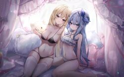 2girls absurdres bare_arms bare_legs bare_shoulders barefoot bed bikini black_bikini black_choker blonde_hair blue_eyes blue_hair braid canopy_bed choker commission cream_(cream) criss-cross_halter grin hair_bun hair_ribbon halterneck hat highres hisiya_(wldn1112) long_hair looking_at_viewer multi-strapped_bikini_bottom multiple_girls navel original pillow pulling_own_clothes red_eyes ribbon second-party_source single_side_bun sitting smile stomach strap_pull string_bikini sweat swimsuit thighhighs thighs very_long_hair wariza white_bikini white_hat white_thighhighs yuksi_(yuksi)