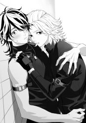 2boys arm_belt closed_mouth cowboy_shot dog_tags empty_eyes fingerless_gloves gloves greyscale hanemiya_kazutora highres jacket long_sleeves looking_at_viewer male_focus medium_hair monochrome monya_reve multicolored_hair multiple_boys sano_manjirou shirt sleeveless sleeveless_shirt standing sweatdrop tokyo_revengers two-tone_hair yaoi
