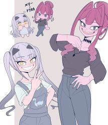 2girls baobhan_sith_(fate) black_shirt blush breasts chibi fangs fate/grand_order fate_(series) grey_eyes hair_bun hand_on_own_hip hand_up highres long_hair looking_at_viewer lrl23wznet74220 melusine_(fate) multiple_girls overalls pink_hair sharp_teeth shirt sidelocks smile teeth twintails v white_hair white_shirt yellow_eyes