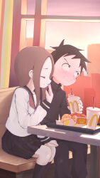 1boy 1girl black_hair black_jacket black_pants black_sailor_collar black_skirt black_socks blush brown_hair clenched_teeth closed_eyes commentary drink drinking_straw gakuran grin highres holding holding_drink indoors jacket karakai_jouzu_no_takagi-san long_hair long_sleeves mcdonald&#039;s neckerchief nishikata pants red_neckerchief sailor_collar school_uniform serafuku shirt short_hair sitting skirt smile socks takagi-san teeth white_shirt xarkuwn
