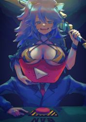 animal_ears bikini black_hair blue_eyes breast_rest breasts breasts_on_head fake_animal_ears formal_clothes highres holding holding_sword holding_weapon kson large_breasts long_hair necktie neeeeesuke open_mouth personification smile suit sweat swimsuit sword virtual_youtuber vshojo weapon youtube