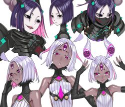 2girls armor bare_shoulders black_armor black_bodysuit black_eyes black_gloves black_scarf bodysuit breasts dark-skinned_female dark_skin detached_horns dress dual_persona fate/grand_order fate_(series) fingerless_gloves glasses gloves hair_ornament honjou_raita japanese_armor looking_at_viewer looking_to_the_side mask mouth_mask multiple_girls multiple_views neon_trim parted_bangs parted_lips purple_eyes purple_hair scarf short_hair sideless_dress small_breasts smile third_eye ushi_gozen_(avenger)_(fate) ushi_gozen_(avenger)_(second_ascension)_(fate) ushi_gozen_(avenger)_(third_ascension)_(fate) ushi_gozen_(fate) white_dress white_hair