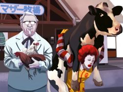 2boys afro bird chicken colonel_sanders cow creepy glasses horror_(theme) kfc male_focus mcdonald&#039;s multiple_boys ronald_mcdonald string_tie tsukumo_(soar99) what