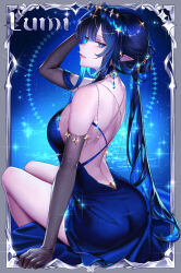 1girl absurdres ass back backless_dress backless_outfit bare_back bare_legs bare_shoulders blue_dress blue_eyes blue_hair breasts bright_pupils commentary dress earrings elbow_gloves from_side gloves grey_gloves highres jewelry large_breasts legs long_hair looking_at_viewer looking_to_the_side low_ponytail median_furrow original parted_lips pointy_ears ponytail ringeko-chan sitting solo star-shaped_pupils star_(symbol) symbol-shaped_pupils thighs very_long_hair white_pupils