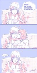 1boy 1girl allie_(united_f) artist_name black_hair blush closed_eyes coat couch dante_(devil_may_cry) devil_may_cry_(series) highres kiss kissing_cheek lady_(devil_may_cry) on_couch shirt simple_background sitting speech_bubble valentine white_hair white_shirt
