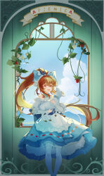 1girl :d absurdres animal arknights bare_shoulders bell blue_bow blue_bowtie blue_dress blush bow bowtie braid braided_bangs brown_hair chinese_commentary commentary curled_horns dress eyjafjalla_(arknights) eyjafjalla_the_hvit_aska_(a_picnic_before_a_long_trip)_(arknights) eyjafjalla_the_hvit_aska_(arknights) feet_out_of_frame floating_hair food frilled_dress frills fruit goat hair_between_eyes highres holding holding_animal horns jingle_bell layered_dress leaf long_hair long_sleeves looking_at_viewer neck_bell open_mouth pantyhose pink_eyes plant ponytail sheep_girl sheep_horns smile solo standing strawberry suimenjuu_no_mushi traditional_bowtie very_long_hair white_dress white_horns white_pantyhose window