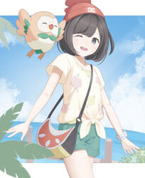 1girl absurdres bag beanie black_hair bracelet cloud commentary_request day food_print fruit_print gen_7_pokemon green_shorts grey_eyes happy hat highres jewelry kotokoto_(pixiv_105451061) nintendo open_mouth outdoors pokemon pokemon_(creature) pokemon_sm red_hat rowlet selene_(pokemon) shirt short_hair short_sleeves shorts shoulder_bag sky smile t-shirt teeth tied_shirt upper_teeth_only watermelon_print yellow_shirt z-ring
