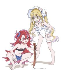 2girls :d bare_arms bare_legs bare_shoulders barefoot bikini black_bikini blonde_hair bow breasts commentary cutoffs dalidari27 dei_matsuri full_body grin hair_between_eyes hair_bow hand_on_own_chin highres kimi_no_koto_ga_dai_dai_dai_dai_daisuki_na_100-nin_no_kanojo legs_apart long_hair multiple_girls one-piece_swimsuit one_side_up open_fly open_mouth red_eyes red_hair short_shorts shorts simple_background small_breasts smile spread_legs squatting standing stick swimsuit tomogara_saki twintails very_long_hair white_background white_bow white_one-piece_swimsuit yellow_eyes