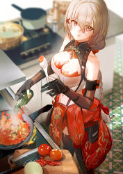 1girl absurdres bandeau black_gloves black_thighhighs blurry blurry_background braid breasts cleavage clothes_around_waist cooking cutting_board dithering fire food food_on_face girls&#039;_frontline girls&#039;_frontline_2:_exilium gloves highres holding holding_spoon jacket jacket_around_waist jingmi large_breasts solo spoon thighhighs tomato type_97_shotgun_(girls&#039;_frontline) white_bandeau wok