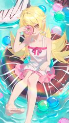 1girl :d absurdres bare_arms bare_legs bare_shoulders barefoot blonde_hair collarbone donut dress fang flat_chest food foot_out_of_frame foot_up full_body hair_between_eyes hair_flaps halter_dress halterneck highres holding holding_donut holding_food long_hair looking_at_viewer monogatari_(series) muling_0v0 open_mouth oshino_shinobu outdoors pointy_ears pool sitting sleeveless sleeveless_dress smile solo spiked_hair water white_dress yellow_eyes