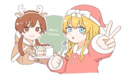 2girls animal_ears blonde_hair blue_eyes blush_stickers bright_pupils buttons cake capelet christmas deer_ears fake_antlers food food_on_face fork hat holding holding_fork holding_plate hood hooded_capelet iyowa_(igusuri_please) iyowa_girls low_twintails merry_christmas multiple_girls open_mouth outline pajamy_(character)_(iyowa) pajamy_(vocaloid) plate red_capelet red_eyes red_hair red_hat red_shirt riko_(iyowa) santa_costume santa_hat shirt simple_background twintails v white_background white_outline white_pupils