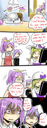 +++ 4koma animal_ears blonde_hair rabbit_ears clownpiece comic computer crying cup english_text closed_eyes gapangman hair_ribbon hat highres kishin_sagume laughing ponytail purple_hair reisen ribbon silver_hair single_wing sweatdrop touhou watatsuki_no_toyohime watatsuki_no_yorihime wings