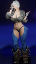 1girl 3d absurdres angel_(kof) areola_slip blue_eyes boots breasts curvy female_focus gloves guakghad highres huge_breasts jacket leather leather_gloves looking_at_viewer pale_skin short_hair solo standing the_king_of_fighters thick_thighs thighs thong white_hair wide_hips