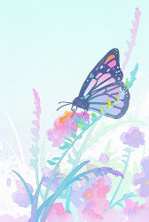 animal animal_focus blue_sky bug butterfly day flower huhv. insect leaf no_humans original outdoors pink_flower plant purple_flower sky